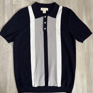 Frederik Anderson Copenhagen Mens Knit Polo Shirt Navy Grey Stripe Medium